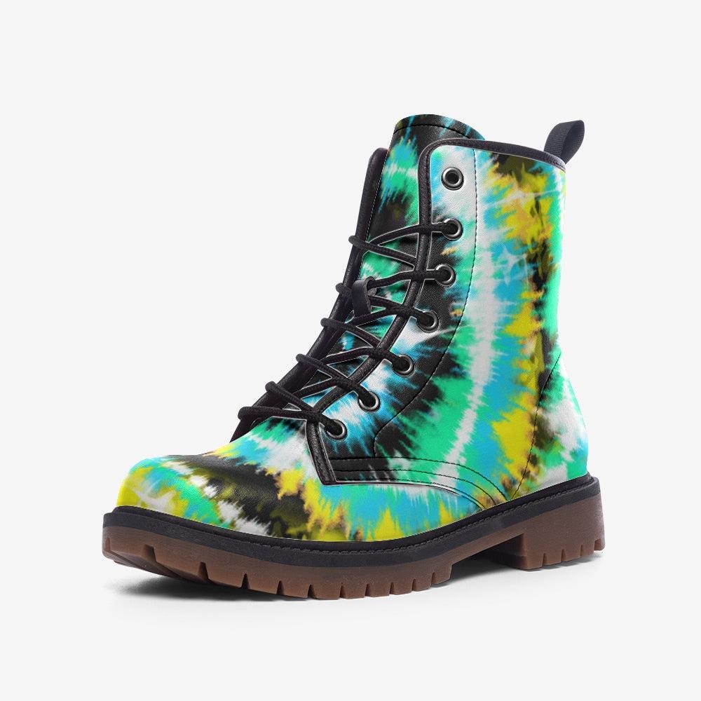 Green Tie Dye Combat Boots with Psychedelic Color Pattern