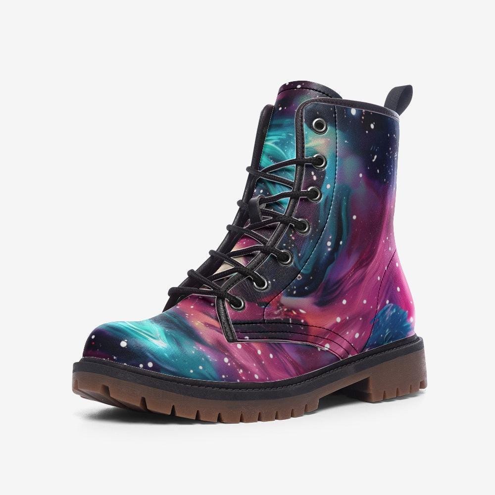 Nebula Combat Boots with Galaxy Design, Space Stars, Rave Footwear, Festival Lace Up Shoes