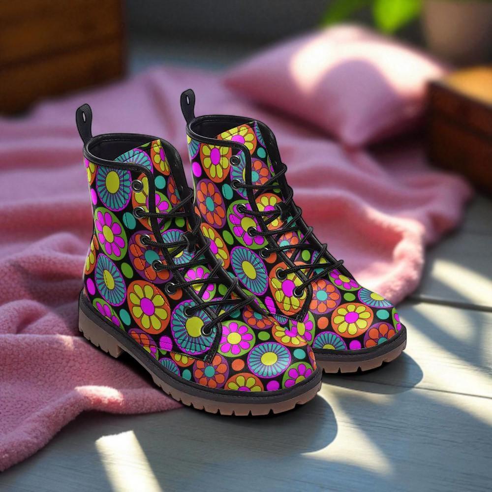 Psychedelic Daisy Boots, Festival Lace Up Shoes, Retro Rave Combat Boots, Vibrant Floral Footwear