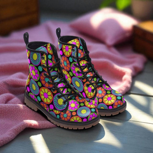 Psychedelic Daisy Boots, Festival Lace Up Shoes, Retro Rave Combat Boots, Vibrant Floral Footwear