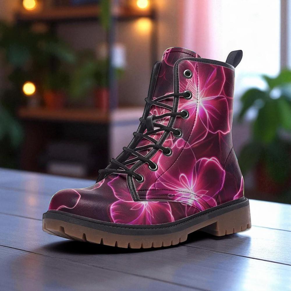 Neon Flower Combat Boots, Rave Festival Lace-Up Platform Boots, Electric Punk Shoes