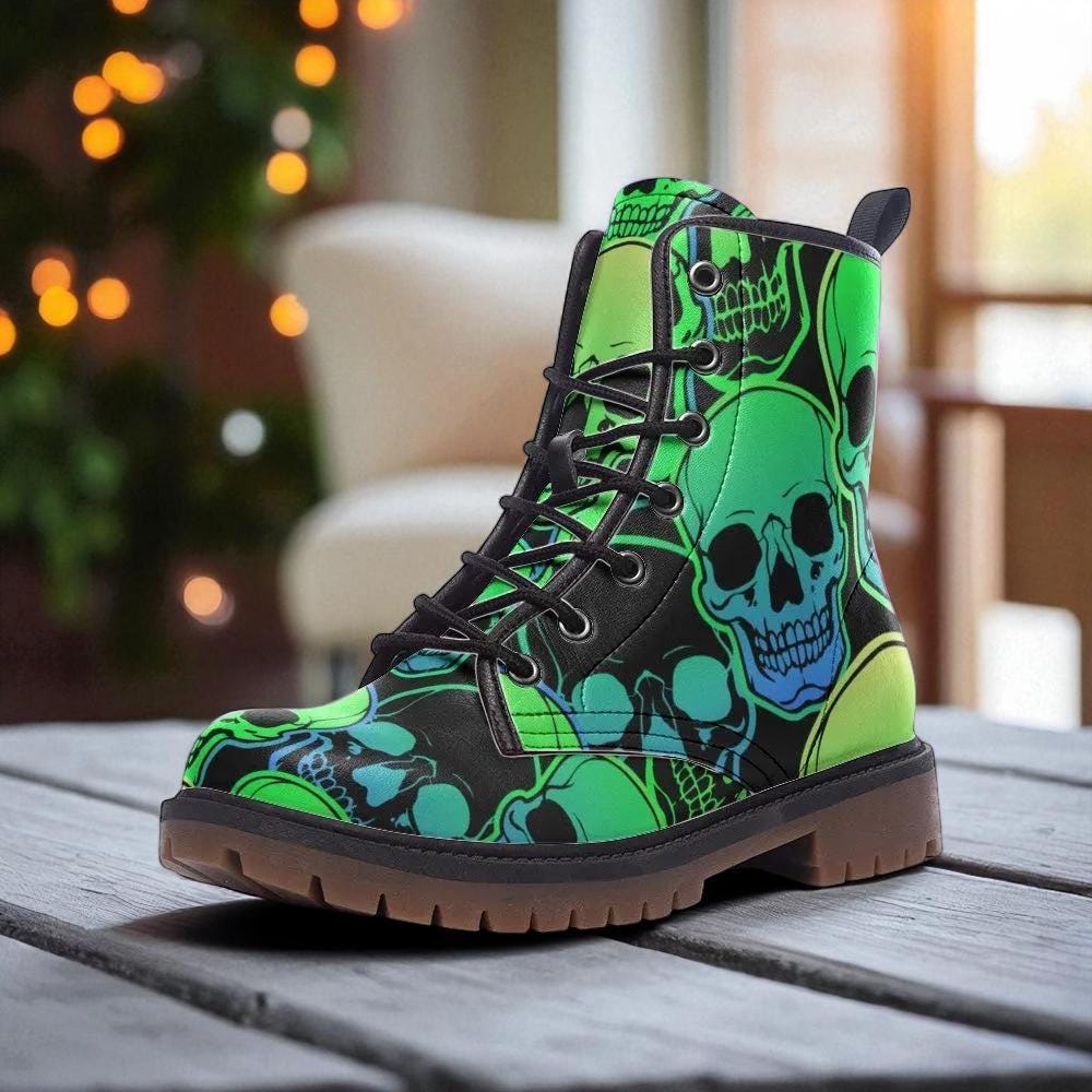 Neon Green Skull Combat Boots, Punk Rave Shoes, Festival Rave Footwear, Vegan Leather, Alternative Streetwear
