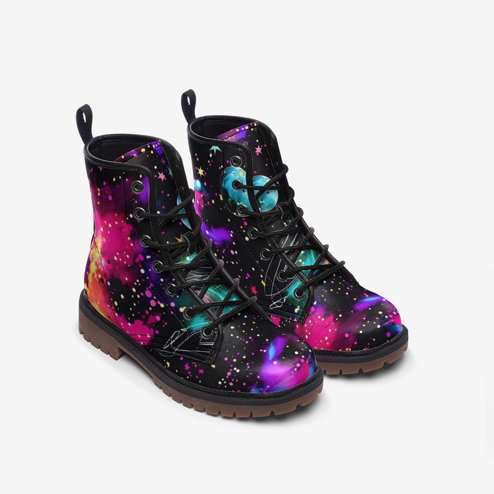 Galaxy Nebula Combat Boots, Cosmic Platform Edgy Shoes, Celestial Space Print Footwear