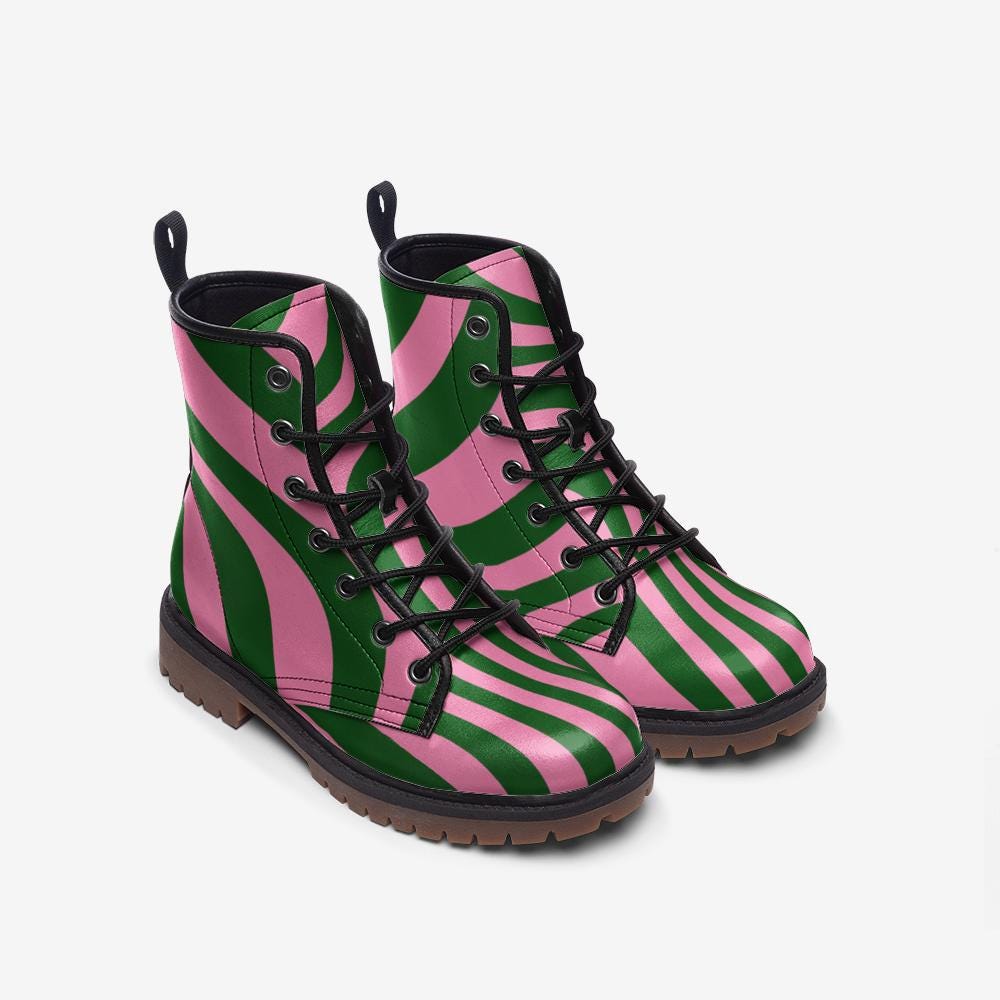 Pink Green Swirl Combat Boots with Retro Funky Design