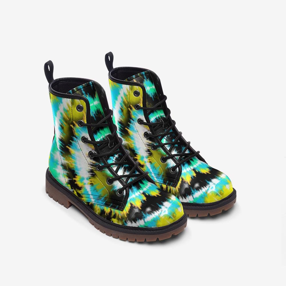 Green Tie Dye Combat Boots with Psychedelic Color Pattern