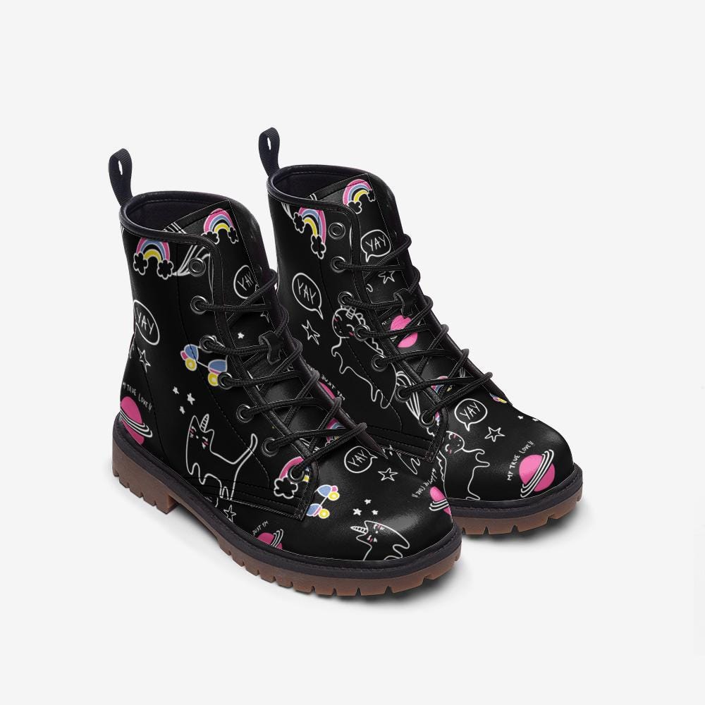 Cute Cat Combat Boots with Space Cartoon Design and Cosmic Art