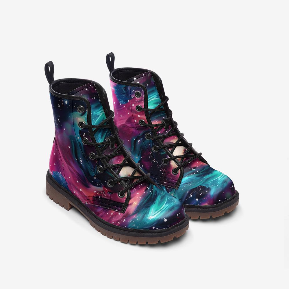 Nebula Combat Boots with Galaxy Design, Space Stars, Rave Footwear, Festival Lace Up Shoes