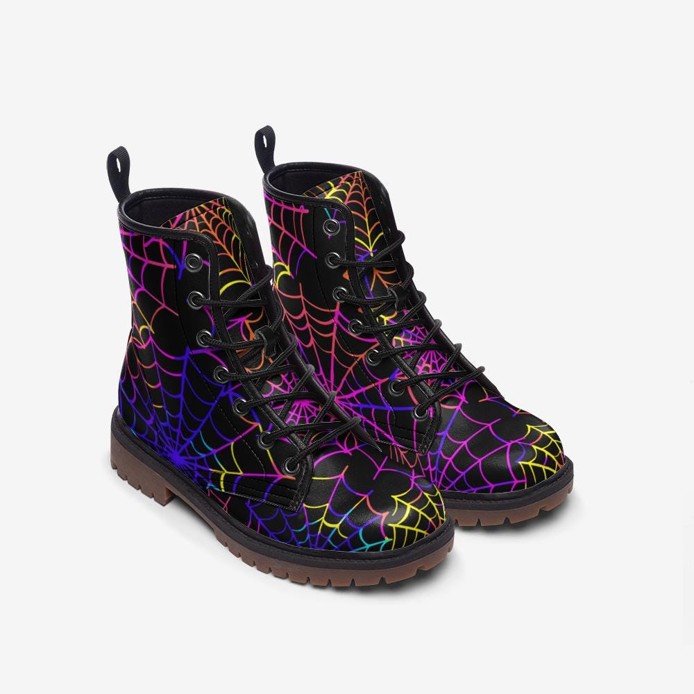 Rainbow Spiderweb Combat Boots with Dark Fantasy Halloween Vibe