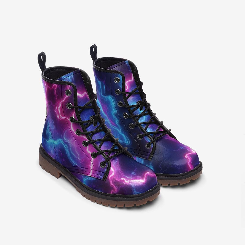 Electric lightning combat boots with cosmic storm energy print, rave, festival, bold statement footwear