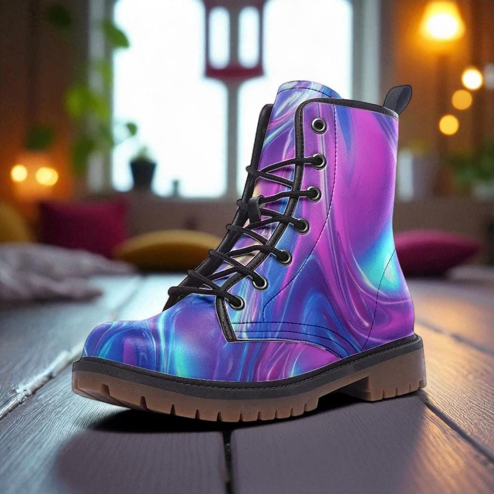 Holographic swirl boots, iridescent rave lace up shoes, festival style