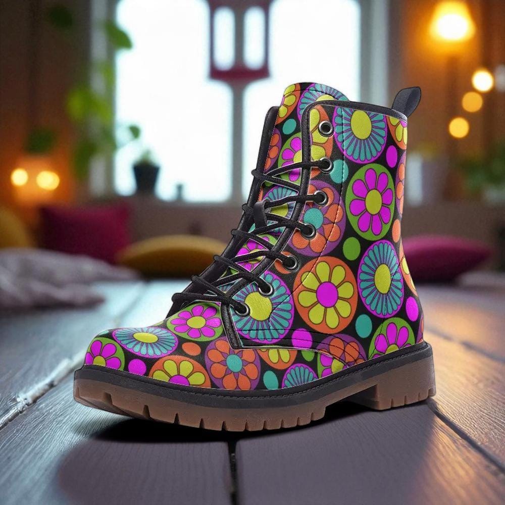 Psychedelic Daisy Boots, Festival Lace Up Shoes, Retro Rave Combat Boots, Vibrant Floral Footwear