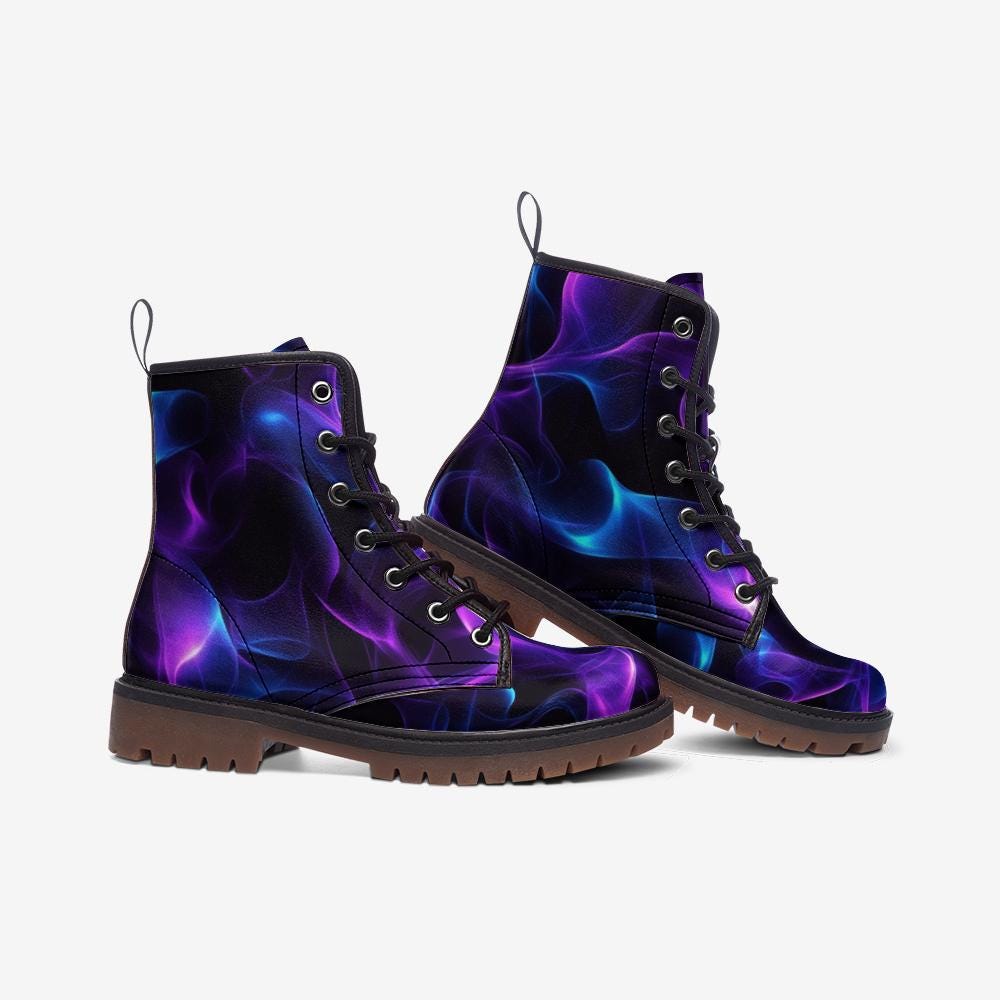 Purple Smoke Combat Boots with Cosmic Abstract Vapor Print