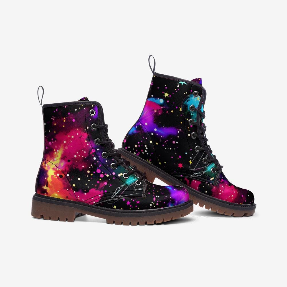 Galaxy Nebula Combat Boots, Cosmic Platform Edgy Shoes, Celestial Space Print Footwear