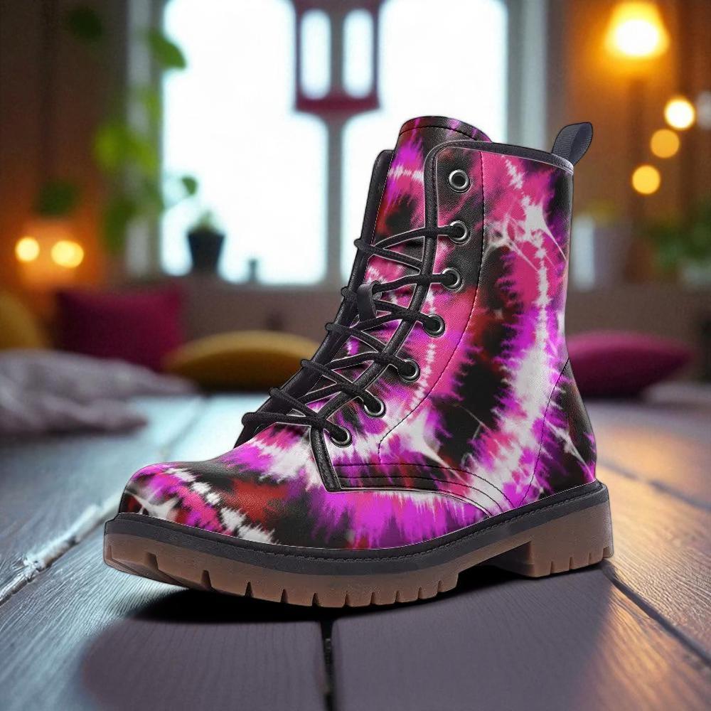 Pink Tie Dye Combat Boots, Festival Rave Shoes, Psychedelic Alt Style, Vegan Leather