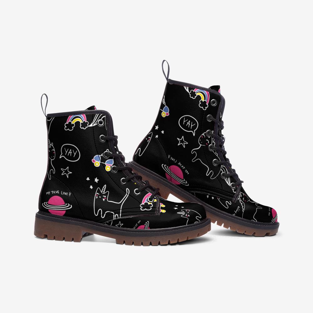 Cute Cat Combat Boots with Space Cartoon Design and Cosmic Art