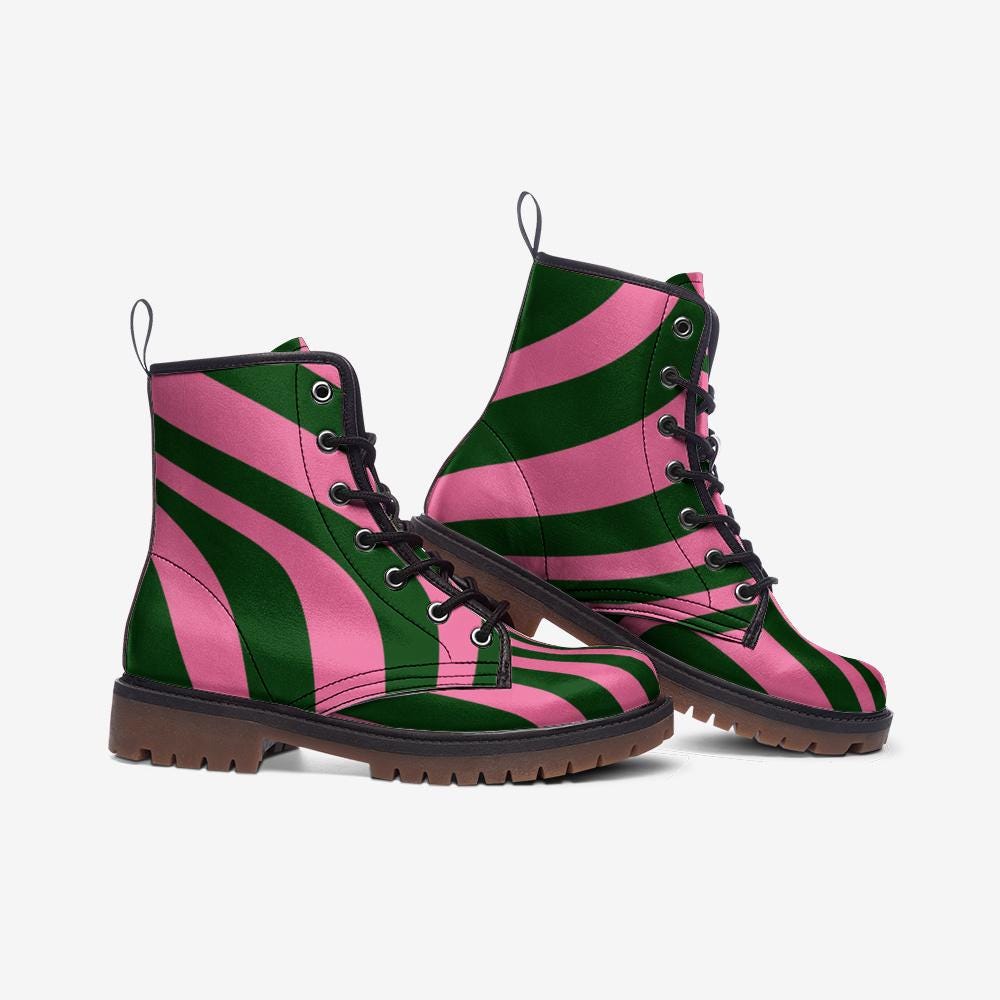Pink Green Swirl Combat Boots with Retro Funky Design