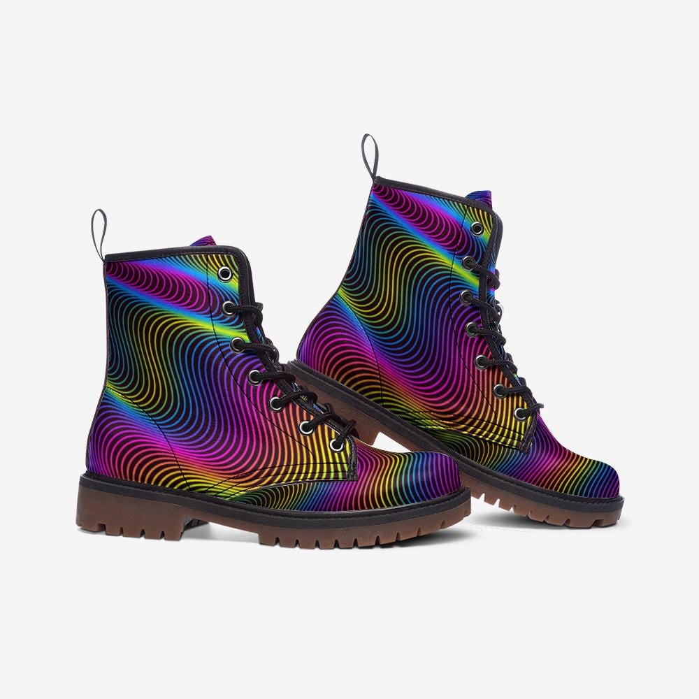 Rainbow Swirl Platform Boots, Psychedelic Festival Rave Style, Trippy Combat Boots, Colorful Rave Footwear