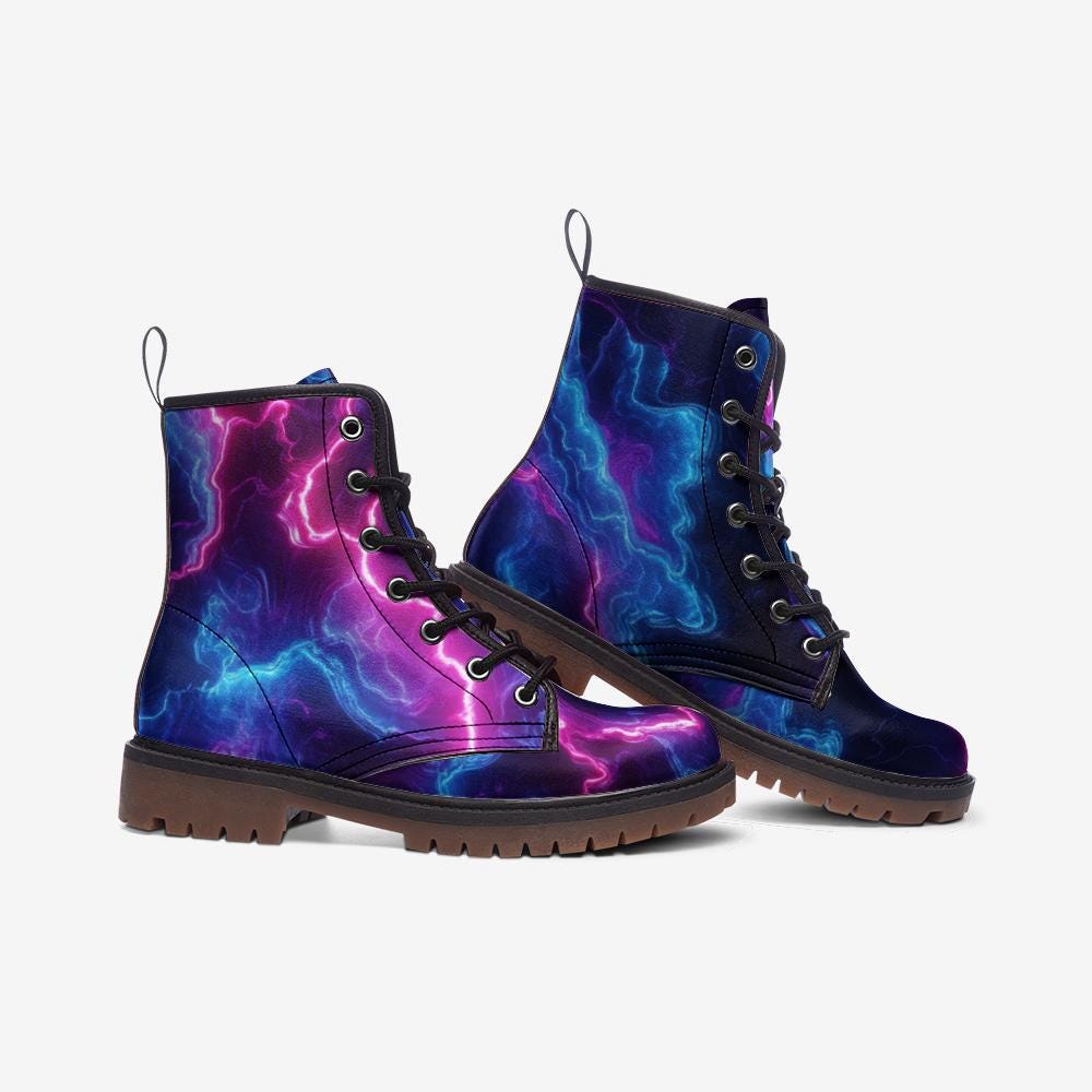 Electric lightning combat boots with cosmic storm energy print, rave, festival, bold statement footwear
