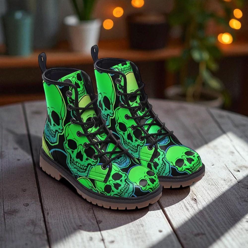 Neon Green Skull Combat Boots, Punk Rave Shoes, Festival Rave Footwear, Vegan Leather, Alternative Streetwear