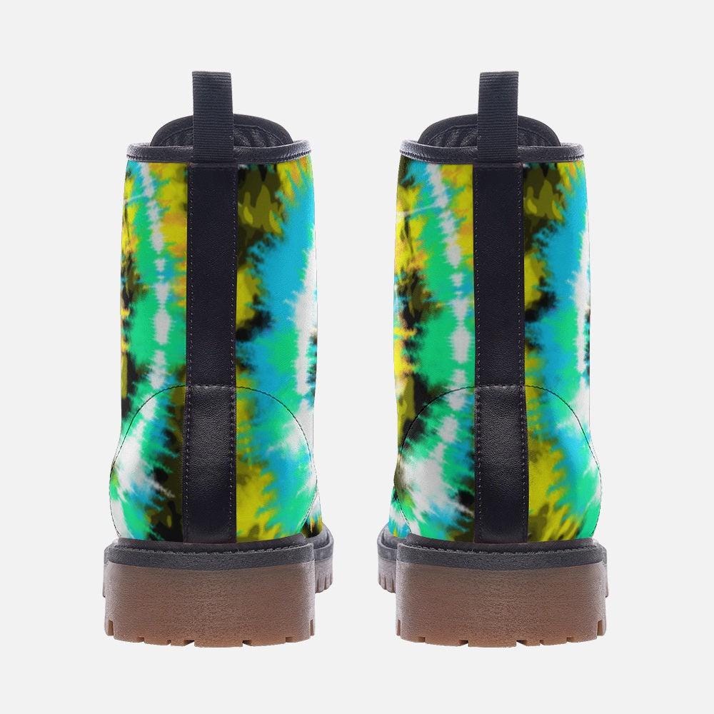 Green Tie Dye Combat Boots with Psychedelic Color Pattern