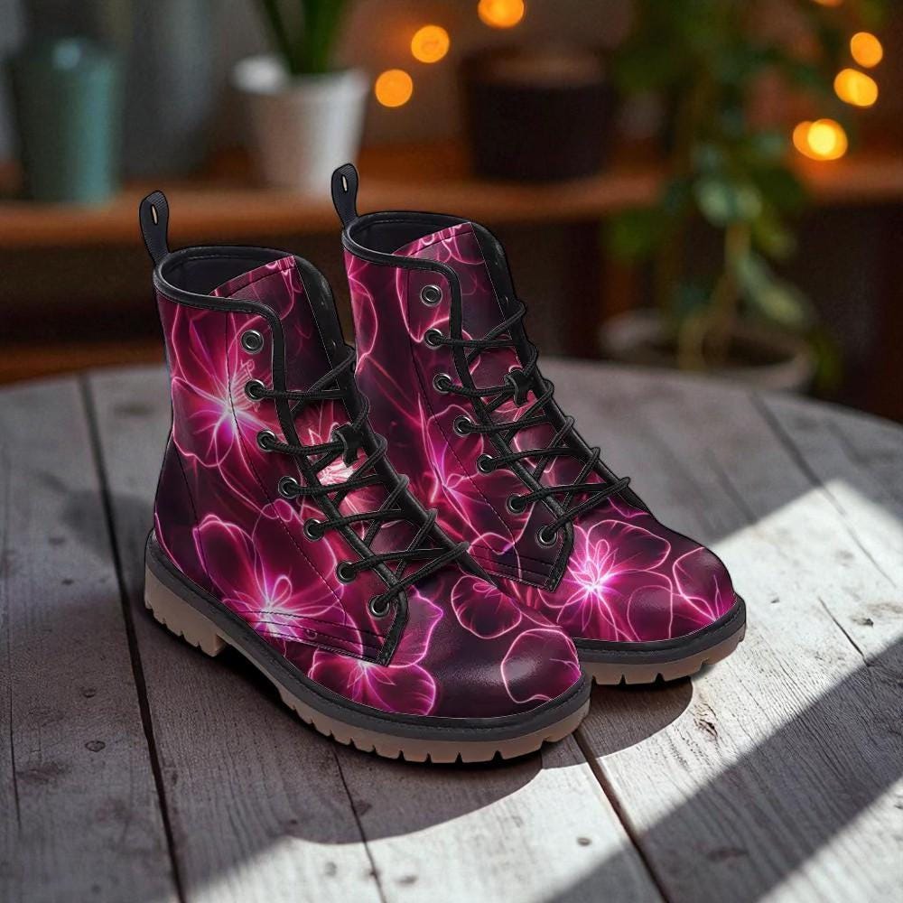 Neon Flower Combat Boots, Rave Festival Lace-Up Platform Boots, Electric Punk Shoes