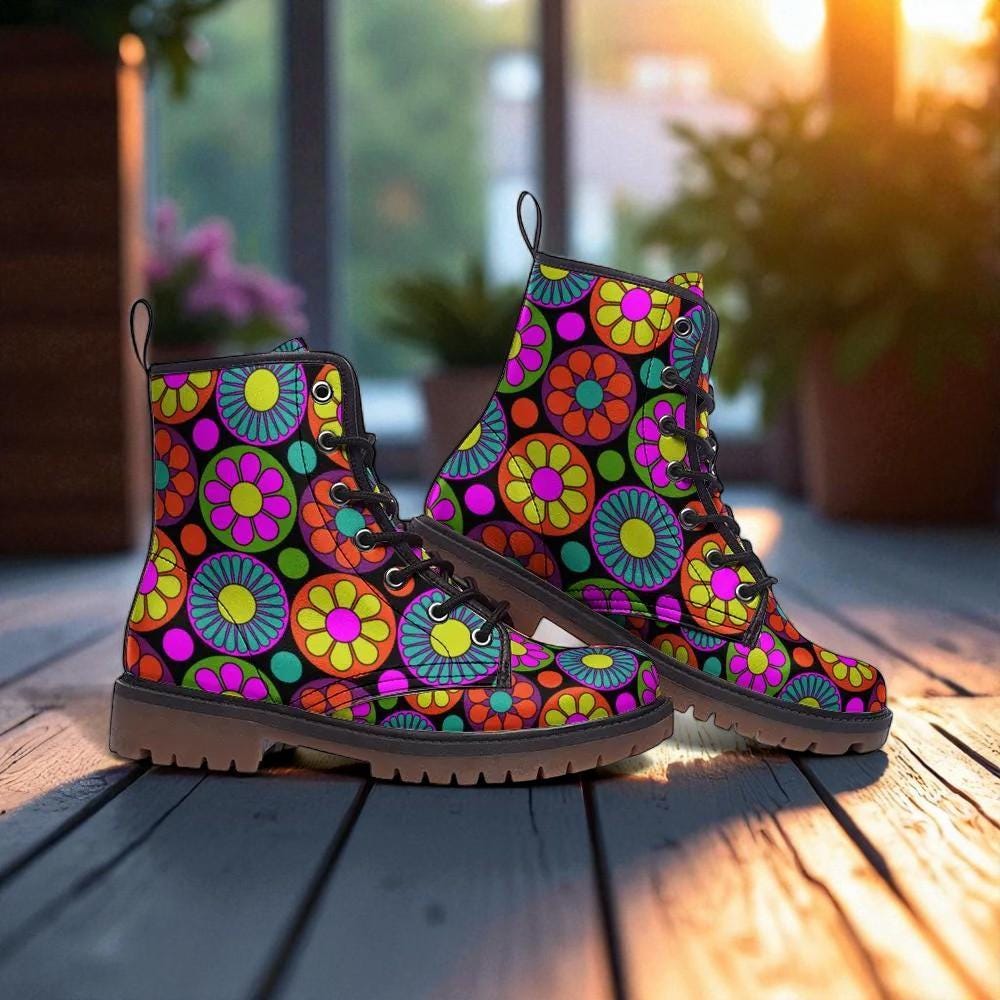 Psychedelic Daisy Boots, Festival Lace Up Shoes, Retro Rave Combat Boots, Vibrant Floral Footwear