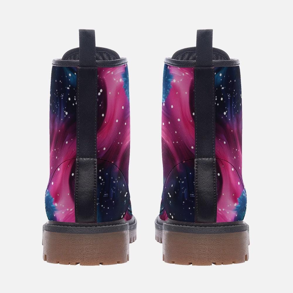 Nebula Combat Boots with Galaxy Design, Space Stars, Rave Footwear, Festival Lace Up Shoes