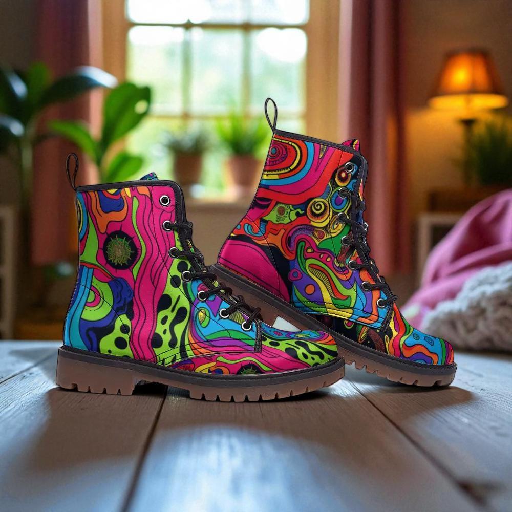 Rainbow Swirl Combat Boots, Psychedelic Festival Shoes, Rave Footwear for Women and Men
