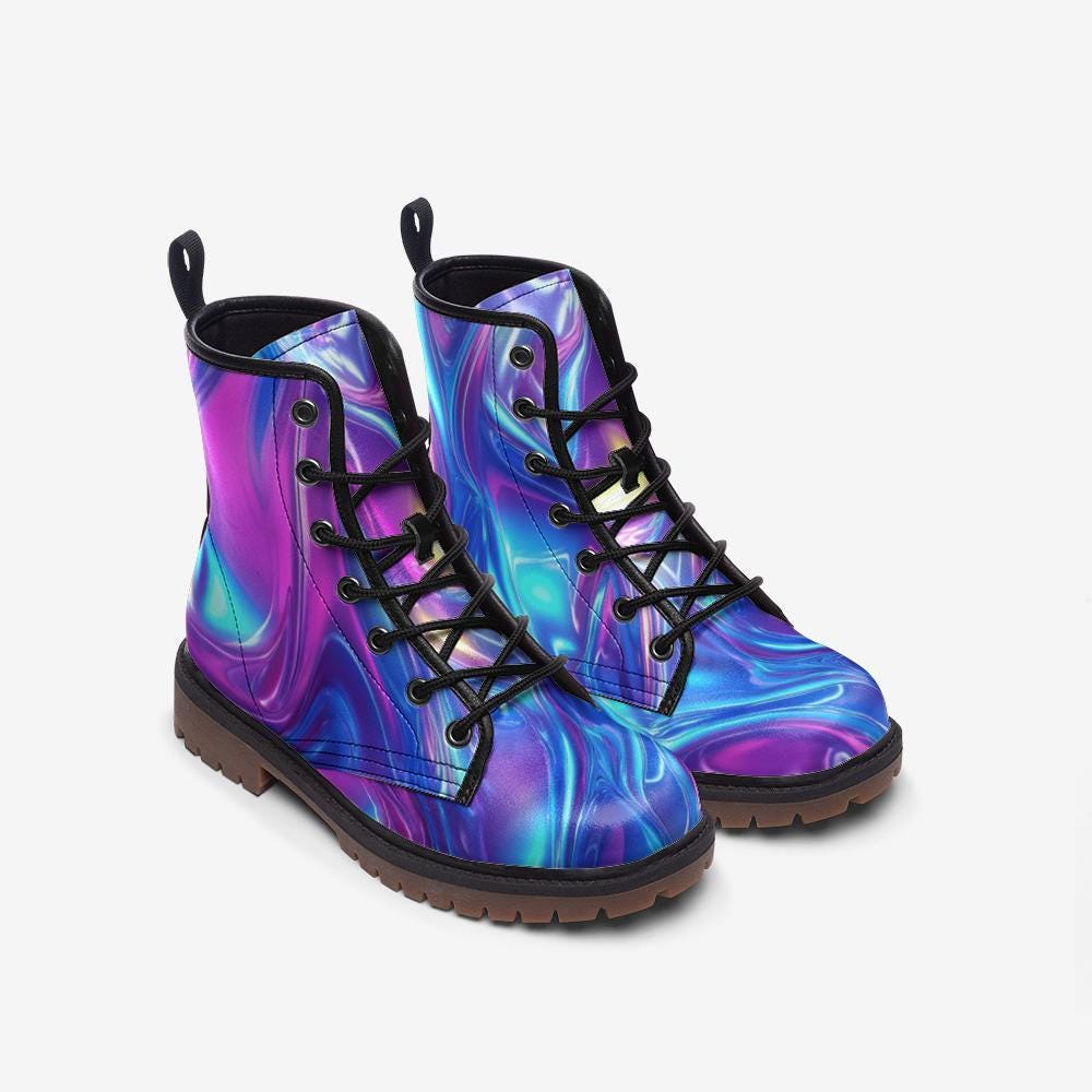 Holographic swirl boots, iridescent rave lace up shoes, festival style