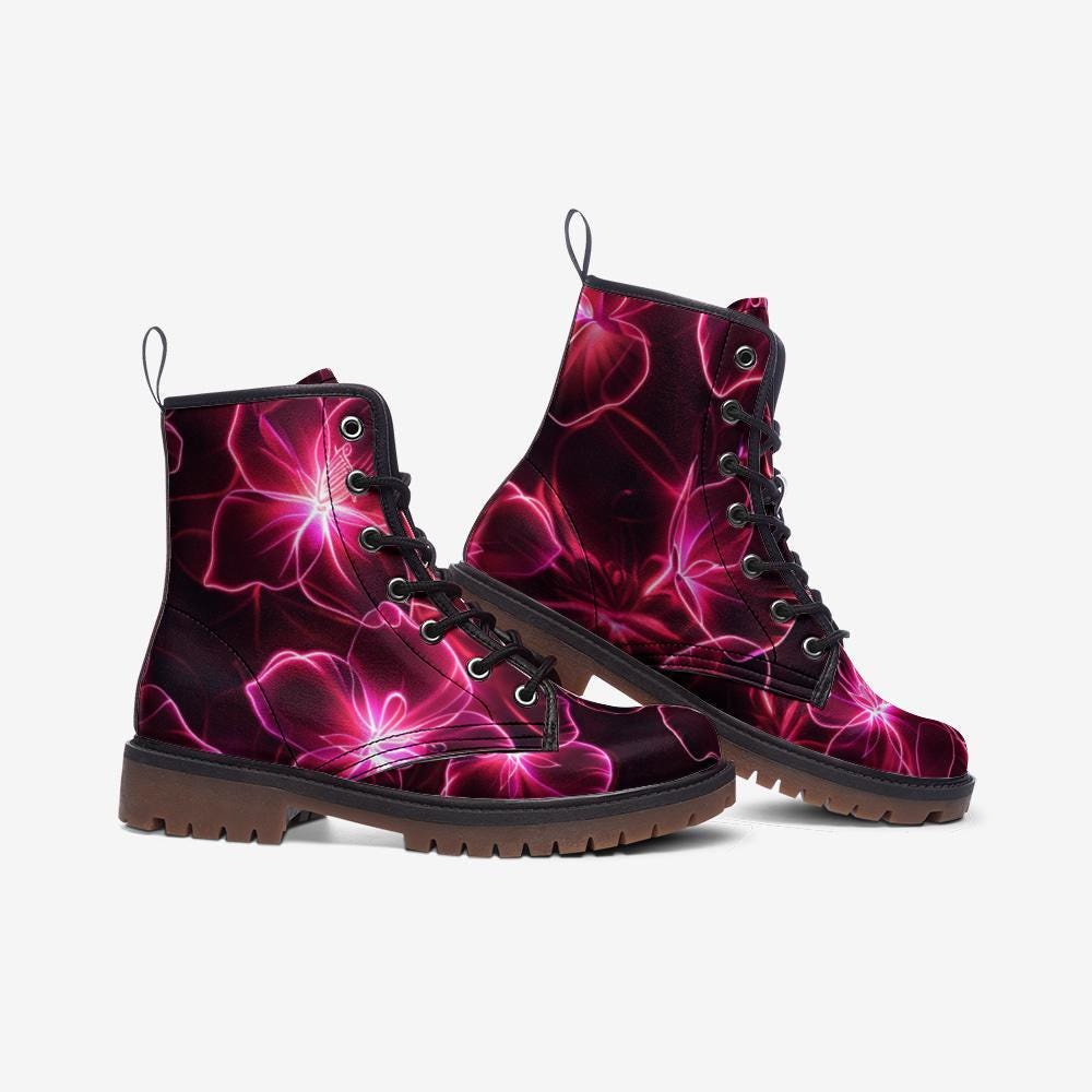 Neon Flower Combat Boots, Rave Festival Lace-Up Platform Boots, Electric Punk Shoes