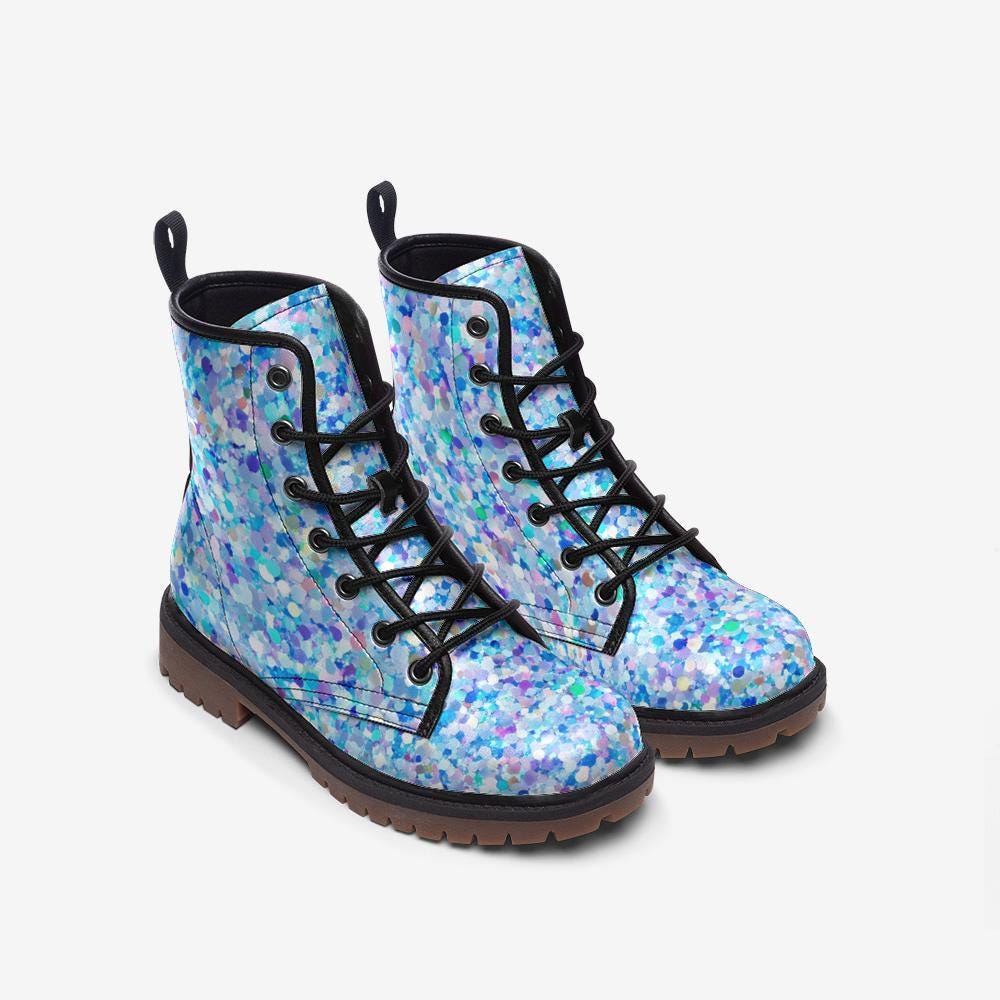 Blue Glitter Combat Boots, Sparkly Rave Shoes, Festival Ankle Boots, Alternative Party Footwear