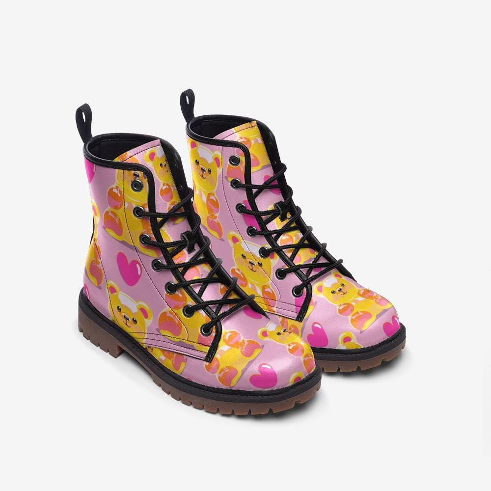 Pink gummy bear boots, pastel rave shoes, dopamine lace-up boots, candy vibe festival footwear