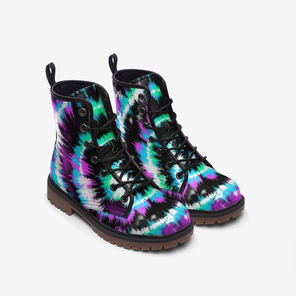 Teal Purple Tie Dye Boots, Rave Combat Shoes, Psychedelic Festival Footwear, Vegan Leather, Neon Punk Sneakers