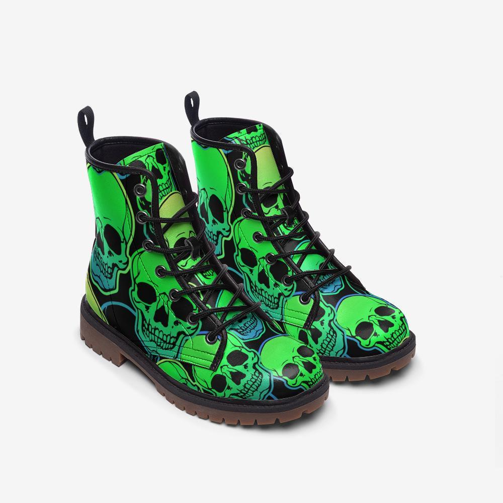 Neon Green Skull Combat Boots, Punk Rave Shoes, Festival Rave Footwear, Vegan Leather, Alternative Streetwear