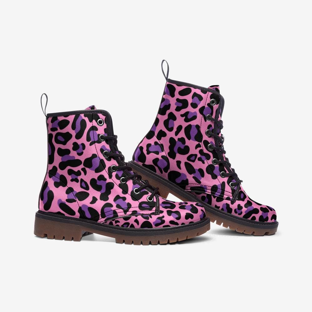 Pink leopard boots, festival rave lace up shoes, alt party footwear