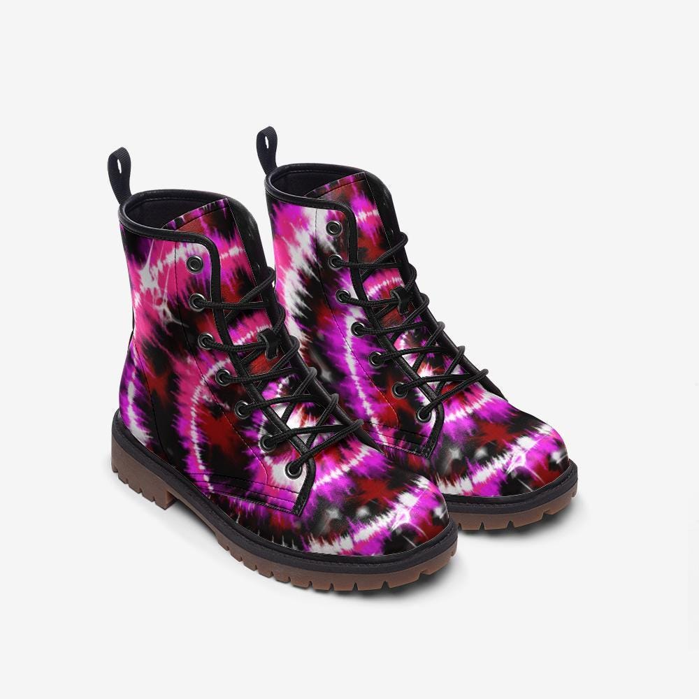 Pink Tie Dye Combat Boots, Festival Rave Shoes, Psychedelic Alt Style, Vegan Leather