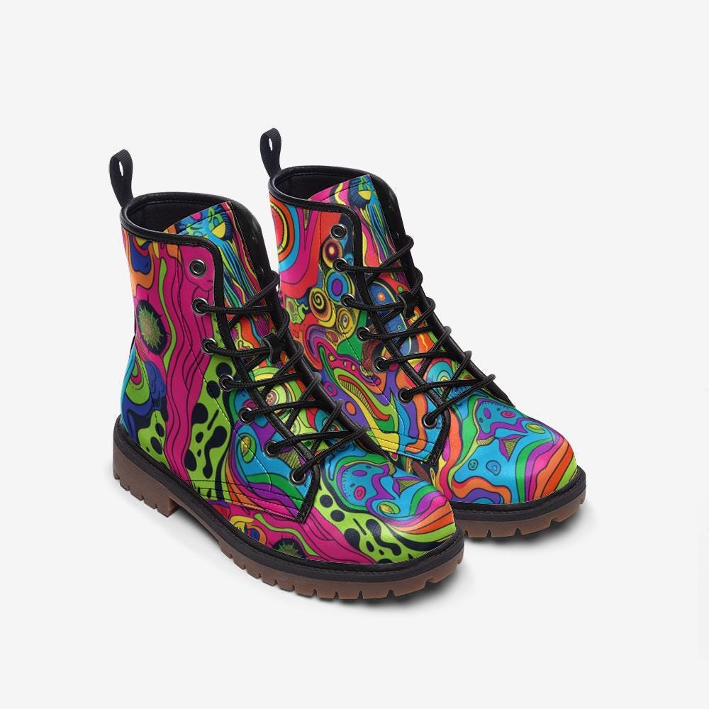 Rainbow Swirl Combat Boots, Psychedelic Festival Shoes, Rave Footwear for Women and Men
