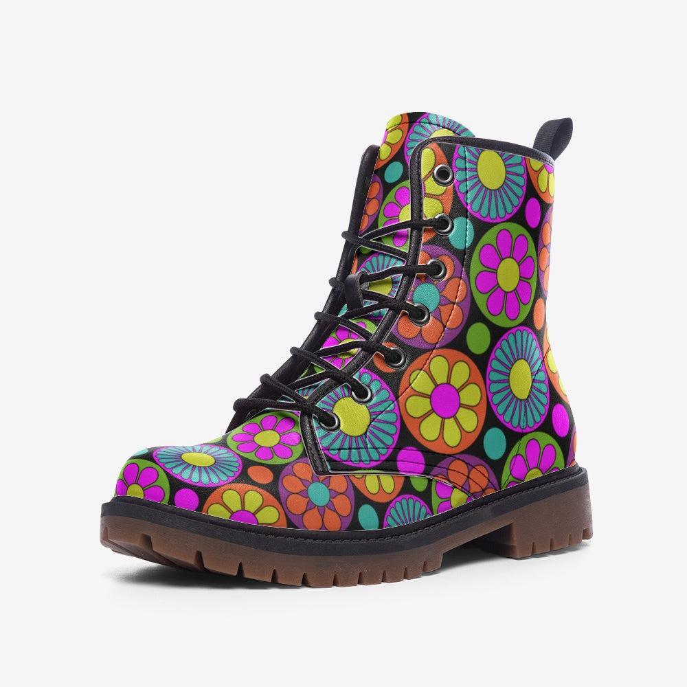 Psychedelic Daisy Boots, Festival Lace Up Shoes, Retro Rave Combat Boots, Vibrant Floral Footwear