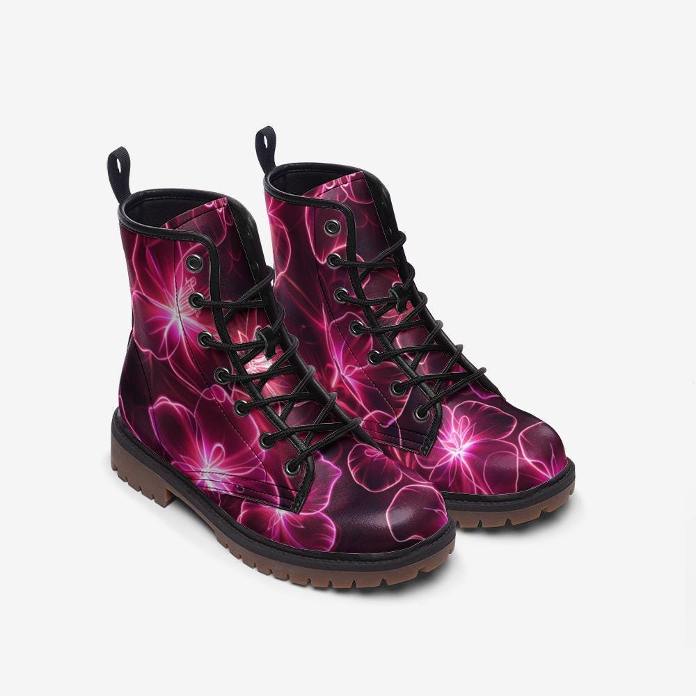 Neon Flower Combat Boots, Rave Festival Lace-Up Platform Boots, Electric Punk Shoes