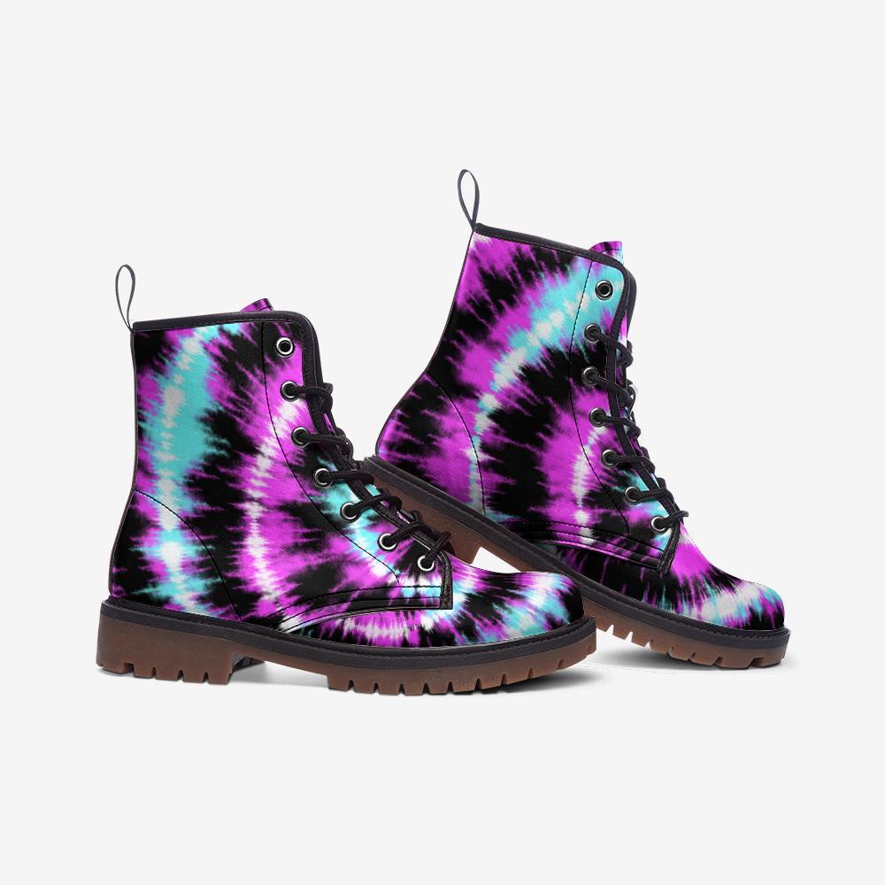 Tie dye combat boots, festival rave lace up shoes, dopamine vibe