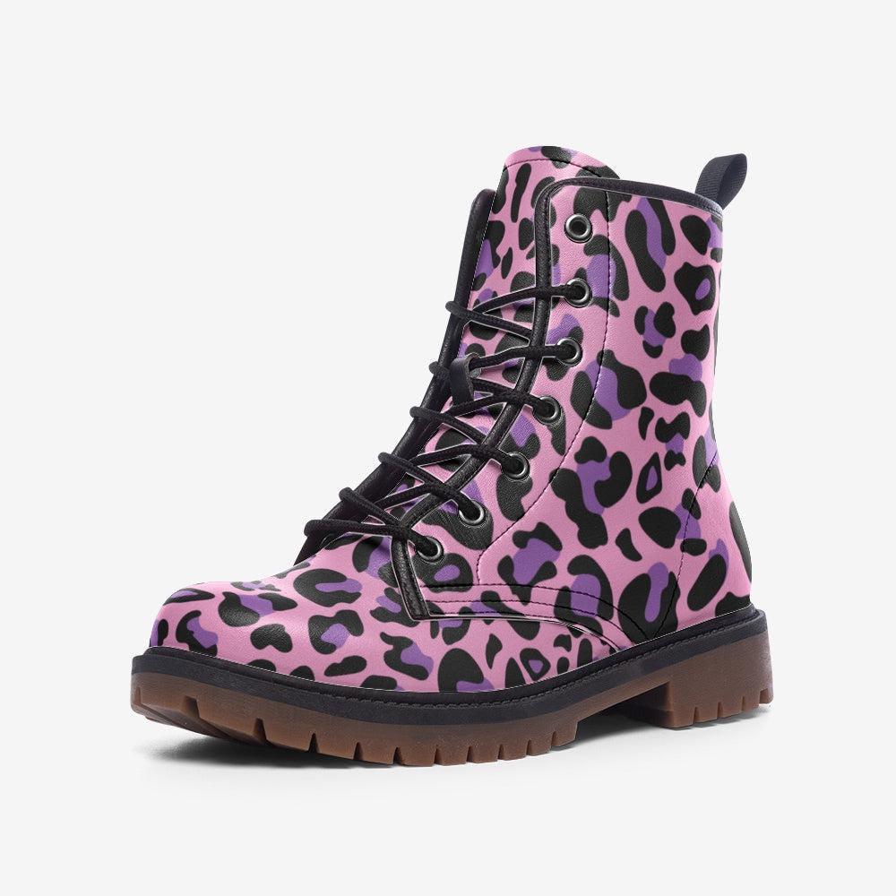 Pink leopard boots, festival rave lace up shoes, alt party footwear