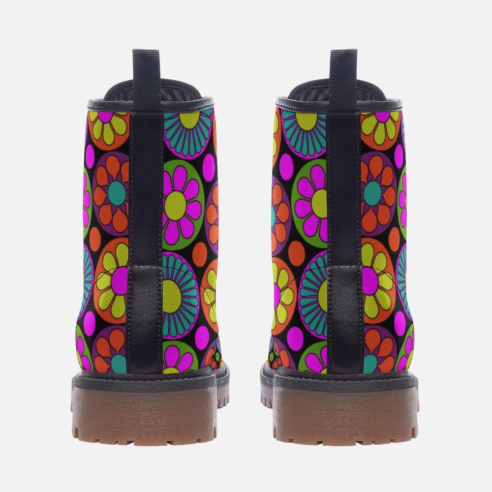 Psychedelic Daisy Boots, Festival Lace Up Shoes, Retro Rave Combat Boots, Vibrant Floral Footwear