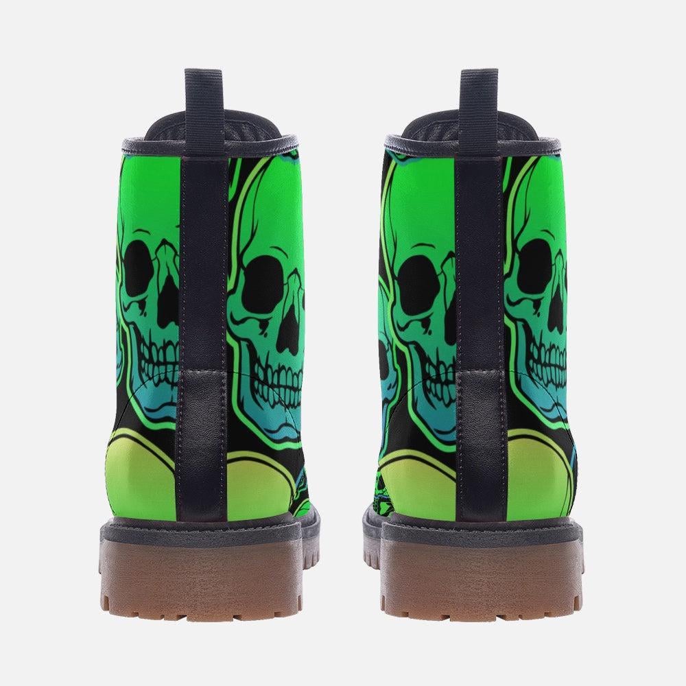 Neon Green Skull Combat Boots, Punk Rave Shoes, Festival Rave Footwear, Vegan Leather, Alternative Streetwear