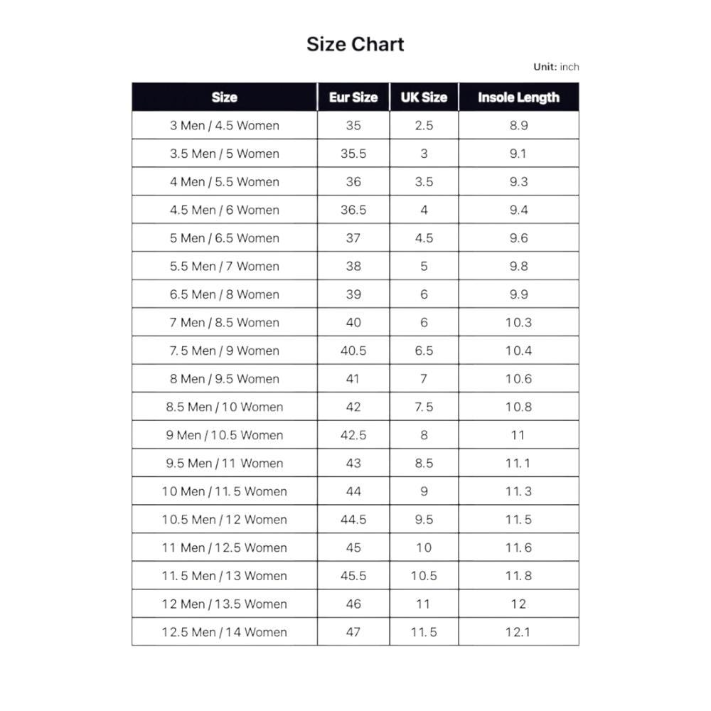 a size chart that provides the measurements for men and women in different units, such as UK size and insoles length. The chart includes various shoe sizes and corresponding measurements, allowing users to determine the appropriate shoe size based on their foot size and the unit of measurement. The chart is designed to help customers find the right shoe size and ensure a comfortable fit.