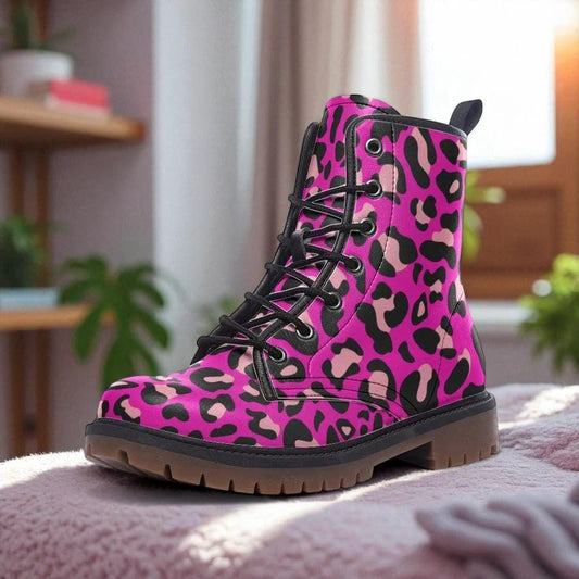 Hot Pink Leopard Combat Boots, Bold Punk Party Footwear for Alt Fashion