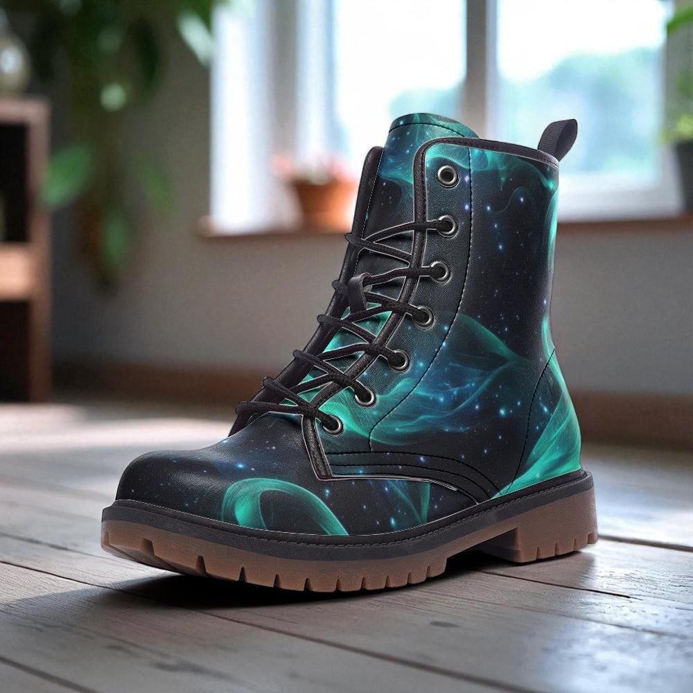 Aurora Borealis Vegan Leather Combat Boots: Festival Rave Footwear