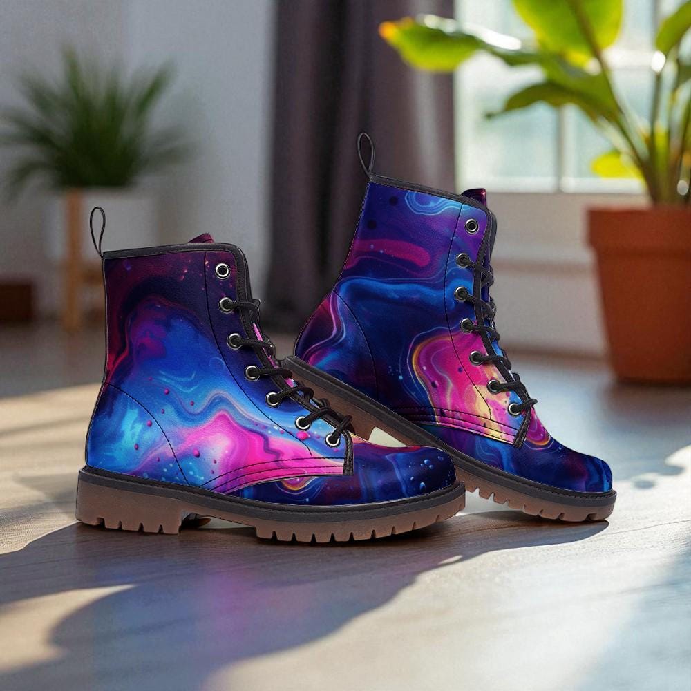 Neon Galaxy Combat Boots, Psychedelic Rave Festival Shoes