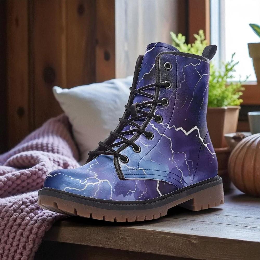 Electric Lightning Combat Boots, Stormcore Rave Festival Shoes in Blue