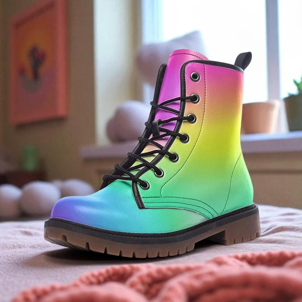 Gradient Rainbow Combat Boots, Colorful EDM Rave Party Footwear