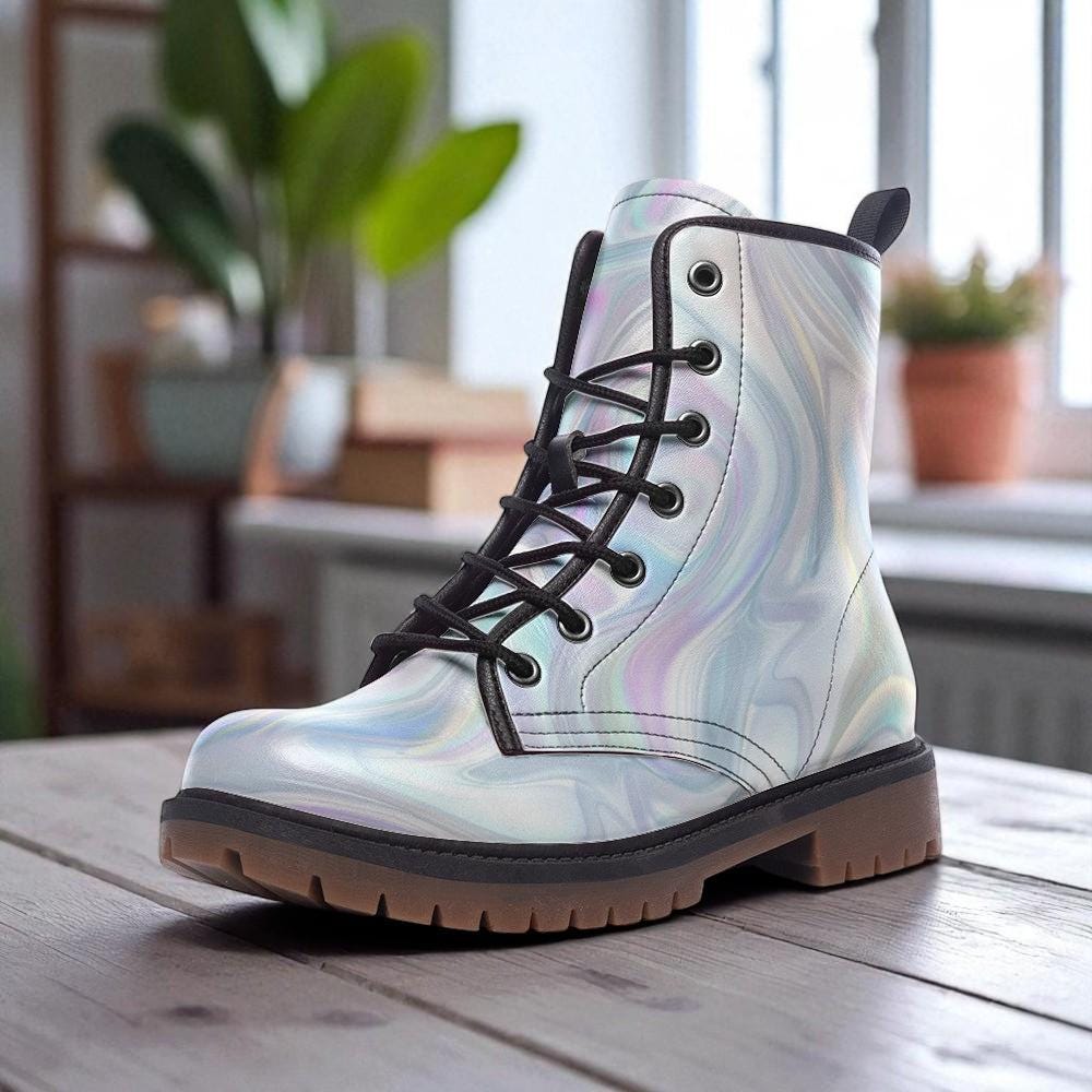 Holographic Silver Combat Boots, Futuristic Y2K Cyber Rave Festival Shoes